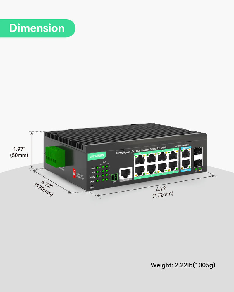 12 Ports L2+ Cloud Managed PoE Switch with DC12V to DC48V Voltage Booster