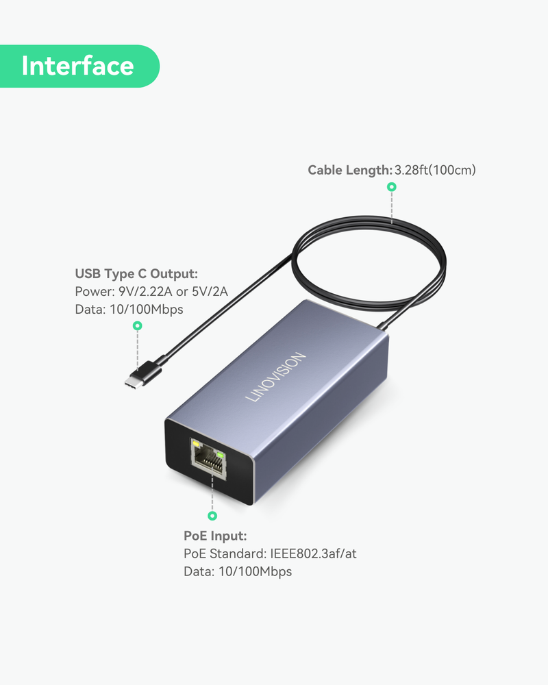 POE to USB-C Converter, Data and Charging through One Cable with 10/100Mbps Ethernet, Suitable for Phones and Tablets