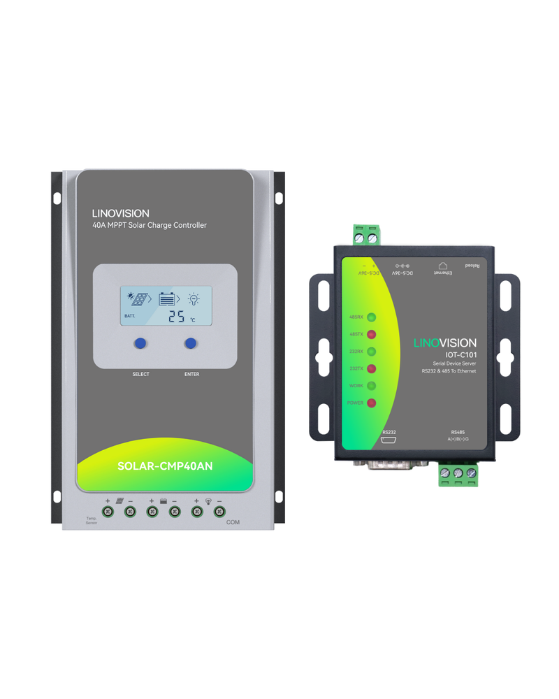 (SOLAR-CMP40AN-C101) 12V/24V 40A MPPT Solar Charge Controller with RS485 to Ethernet Converter, Solar Power System for Security Cameras, Street Lights or IoT Sensors with Remote Charging Status