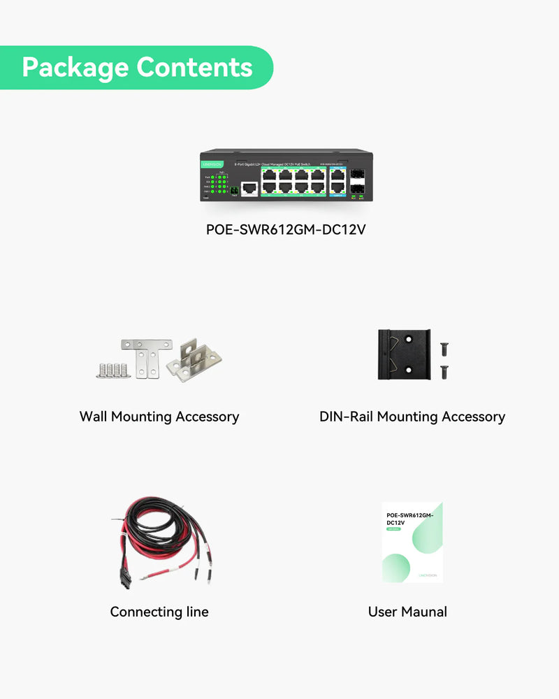 12 Ports L2+ Cloud Managed PoE Switch with DC12V to DC48V Voltage Booster