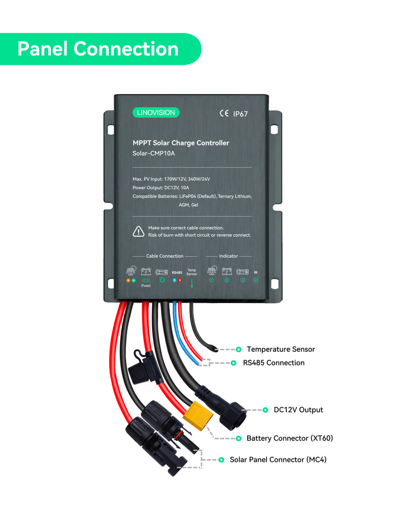 MPPT 12/24V 10A Solar Charge Controller with RS485 Remote Control